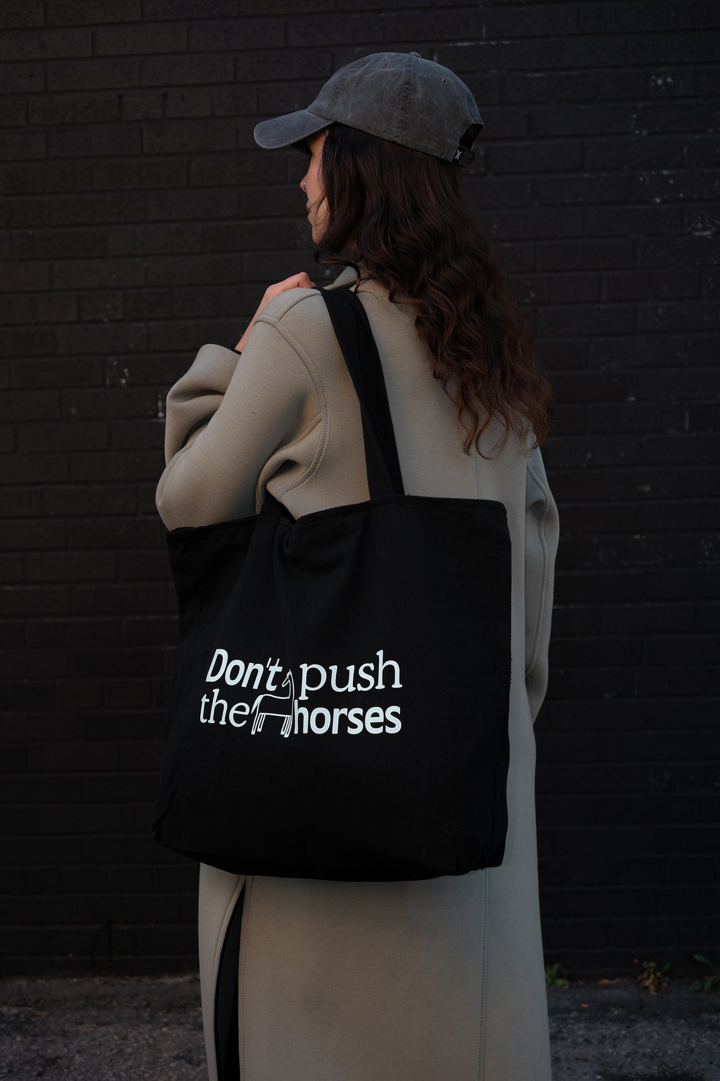 'Don't push the horses' Black Tote Bag